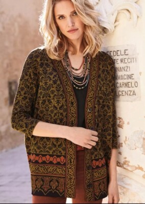 Peruvian Connection braune Strickjacke aus Pimabaumwolle mit botanischem Druck - Größe Medium M