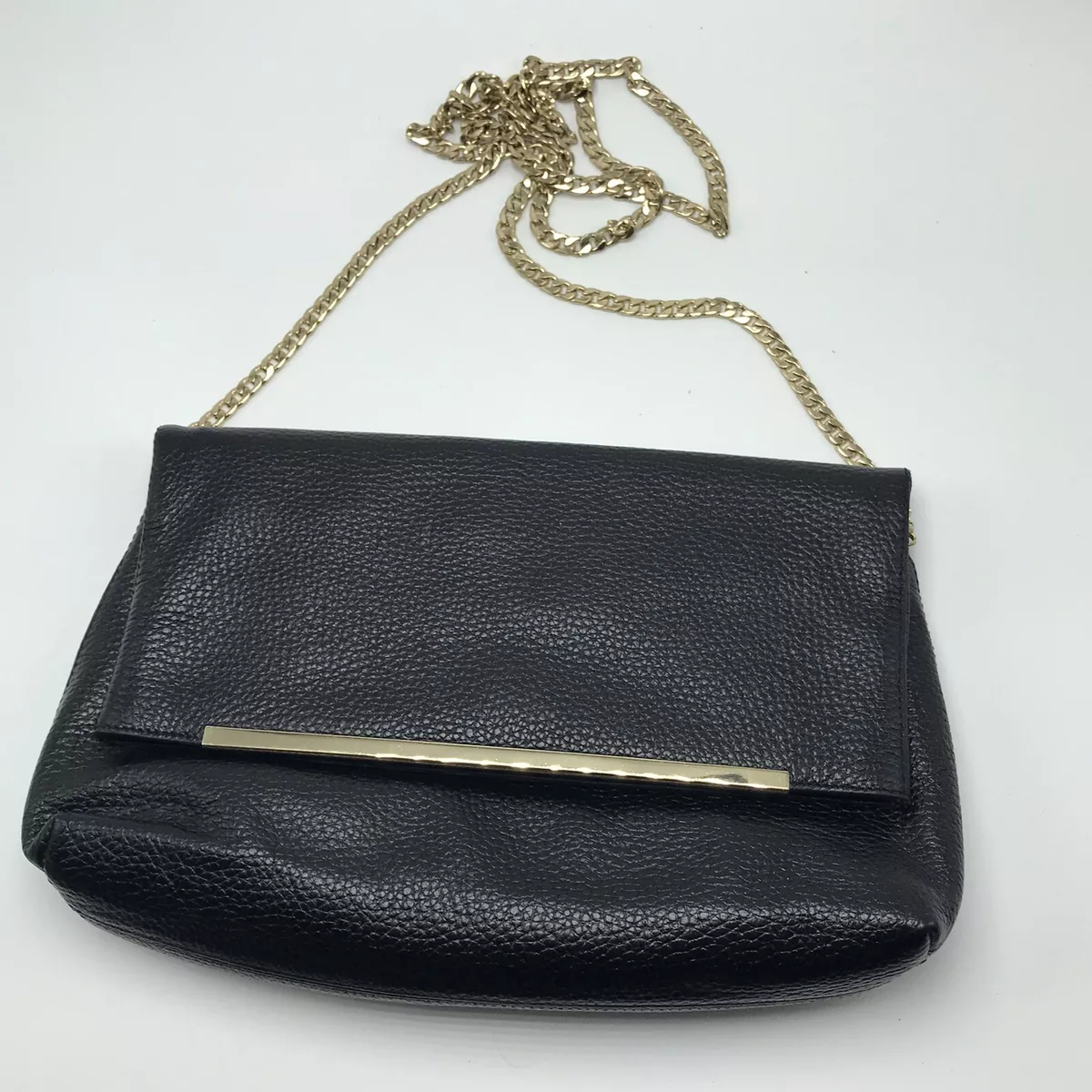 NWT Halogen Black Pebbled Leather Crossbody Bag Clutch Gold Chain | eBay