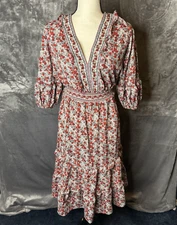 Max Studio Dress V Neck Empire Waist Red Floral Whimsy Romatic Cottagecore Boho