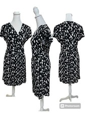 Nine West Black & White Print Short Sleeve Knee Length Faux Wrap Dress Size S