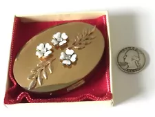 NEW VTG DEVILBISS OVAL MIRROR POWDER Gold Tone Compact FLOWERS RHINESTONE Unused