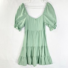 Shinestar Puff Sleeve Sage Tiered Square Neck Babydoll Pastel Cottage Dress M