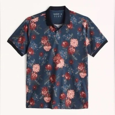 Abercrombie & Fitch Soft A&F Air Knit Polo Shirt Men s Large Blue Floral Stretch