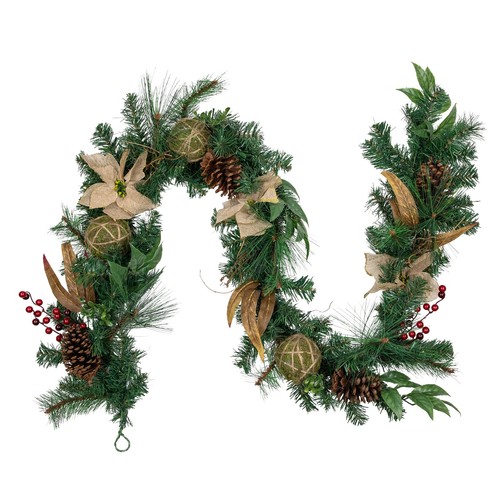 Northlight 6'x10" Poinsettia Moss Ball Mixed Pine Berries Christmas Garland