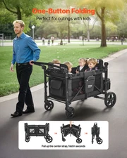 Wagon Stroller for 4 Kids Push Pull Quad Collapsible Stroller for Camping 330LBS