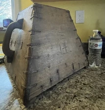 Antique Chinese Wooden Rice Bucket Pail Grain Carrier w/ Iron Bands Orig Writing