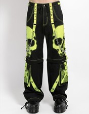 Pantaloni SCARE DARK STREET - Pantaloni gotici neri verde fluo con teschio e spalline