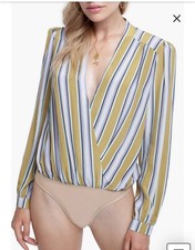 ASTR THE LABEL Quinn Stripe Plunge Neckline Long Sleeve Bodysuit, Size L Large