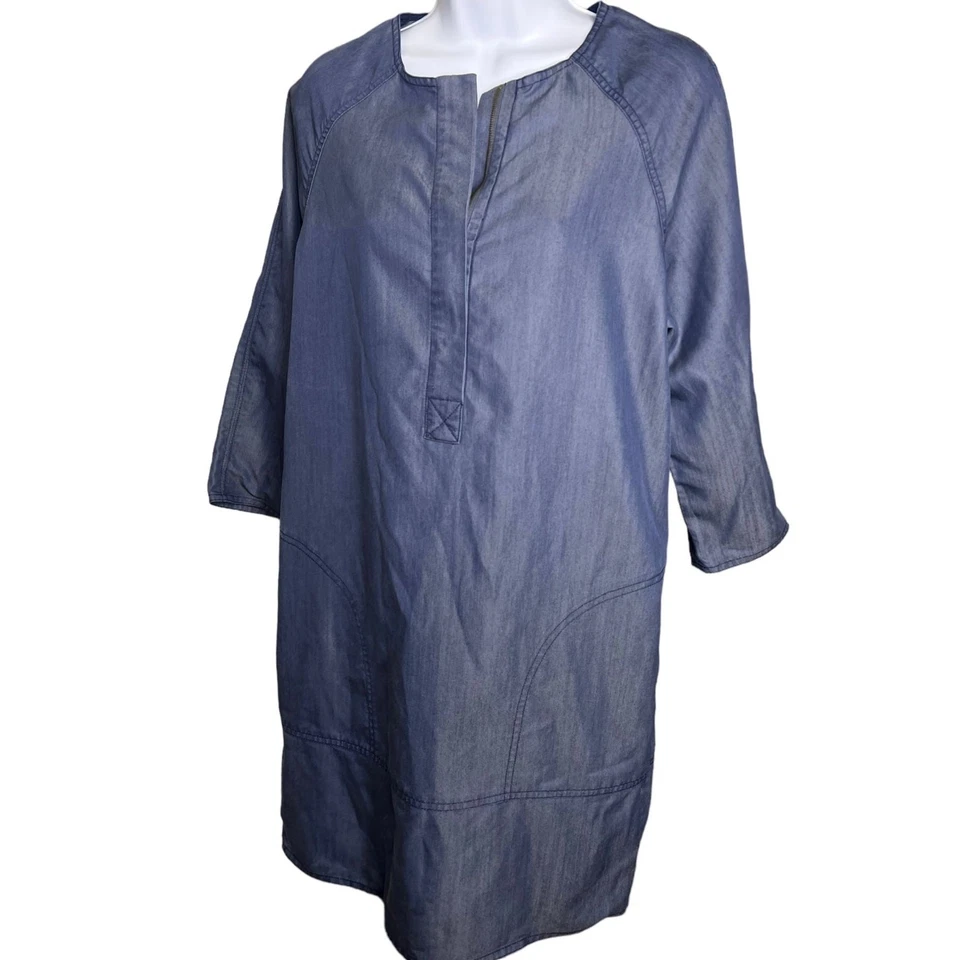 Vince Blue Chambray Denim 3/4 Sleeve Quarter Zip Mini Dress Women's Size Medium - Image 2 of 4
