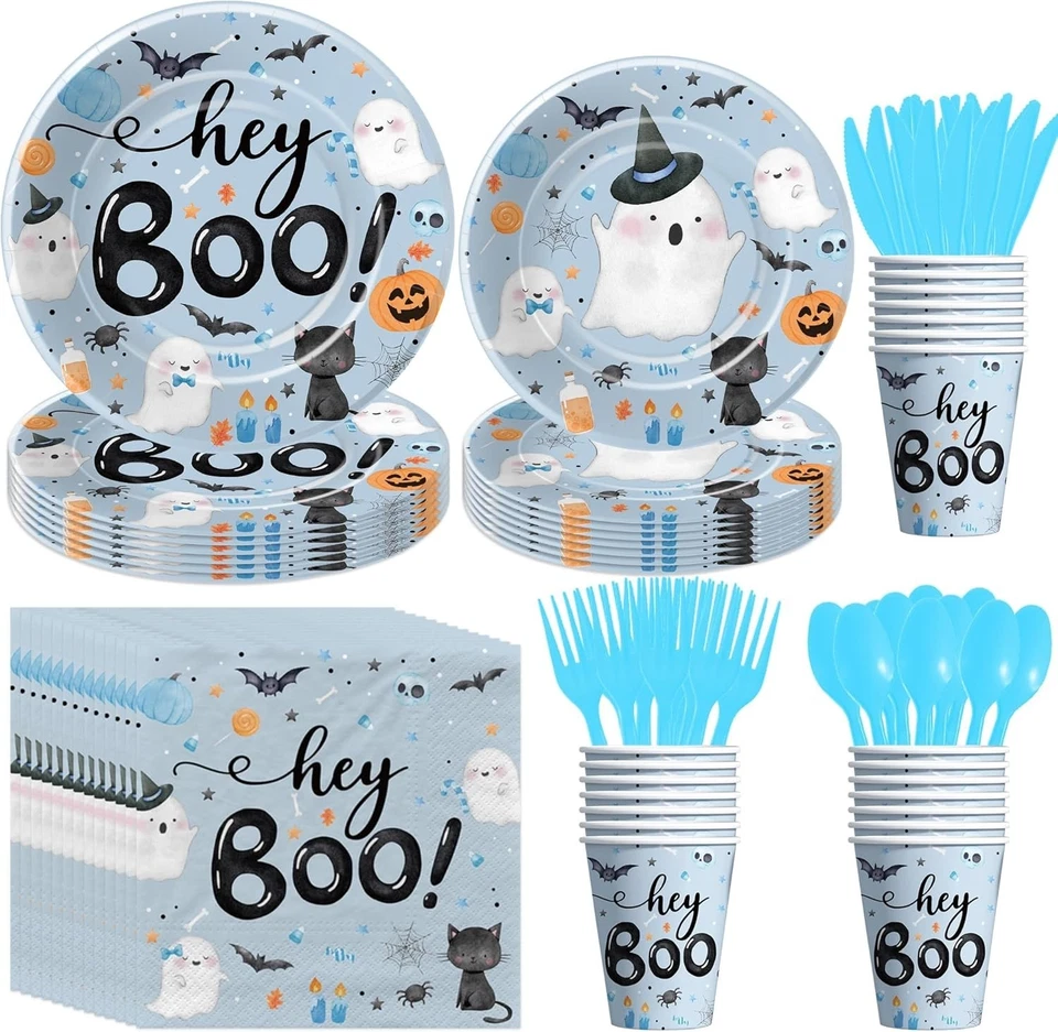 Louça descartável Hey Boo Halloween (pratos, guardanapos, xícaras, etc) rosa/azul - Imagem 2 de 2