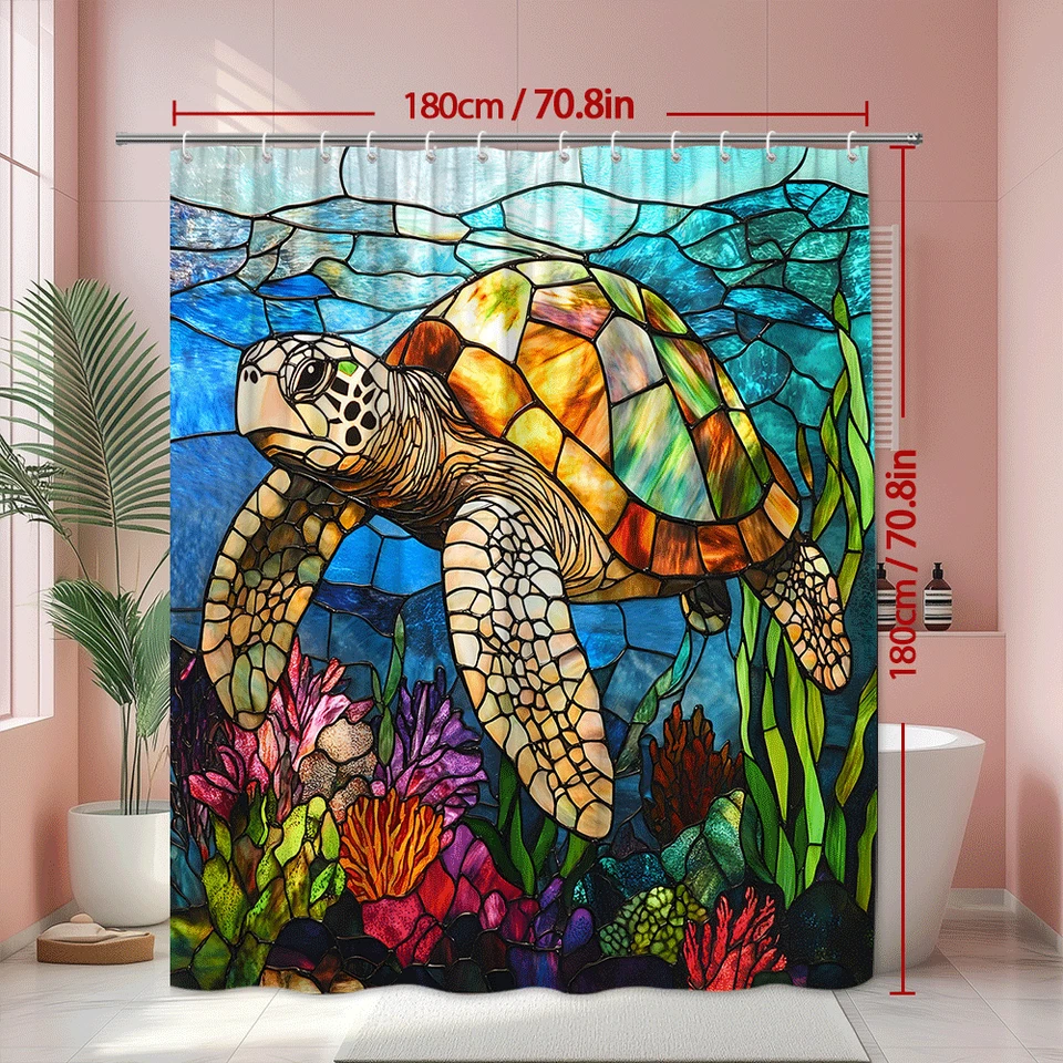 Cortina de Ducha Tortuga Marina, Vidrieras Diseño Océano, Colorido Baño Marino Foto 4 de 4
