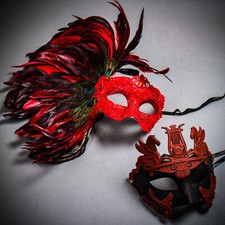 Venetian Men Masquerade RED Luxury LARGE Side Feather Couple Summer Party Mask