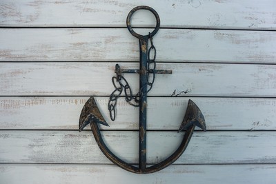 Large Metal Rustic Distressed Blue Anchor Wall Decor Nautical