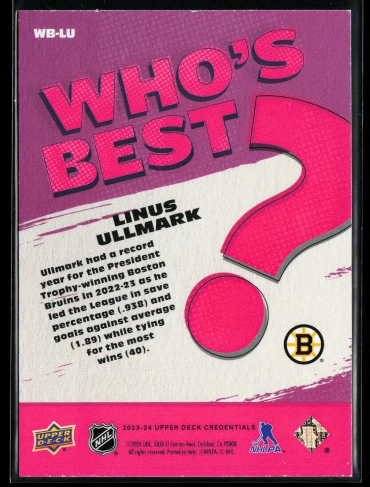 2023-24 Upper Deck Credentials Who's Best #WB-LU Linus Ullmark - Image 2 of 2