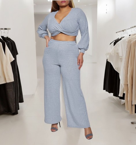 Casual Pant & Cropped Top Women’s Gray Set 2 Pieces Ribbed Knit Long Sleeves L