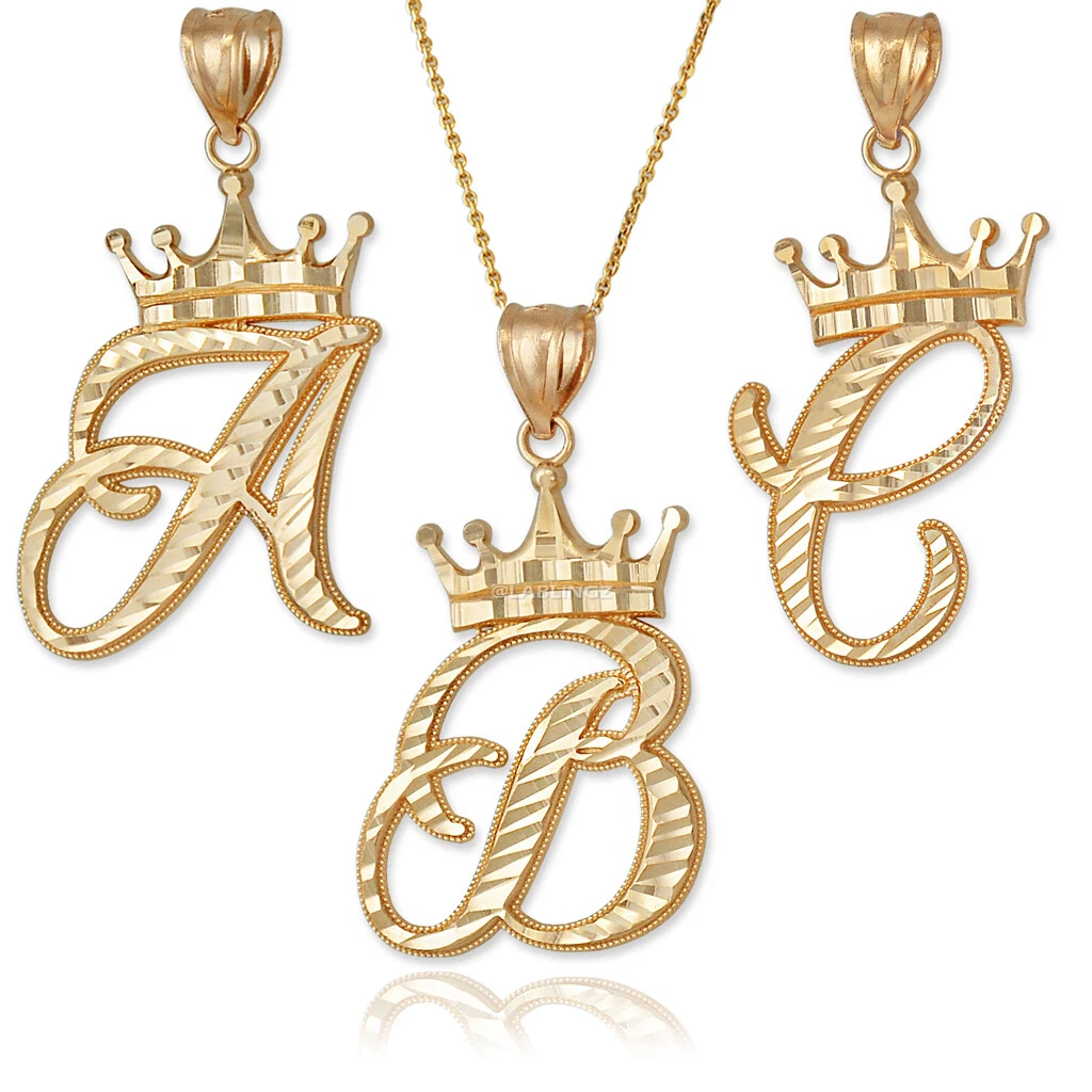 10K Yellow Gold Cursive Crown Letter Initial Pendant Necklace eBay