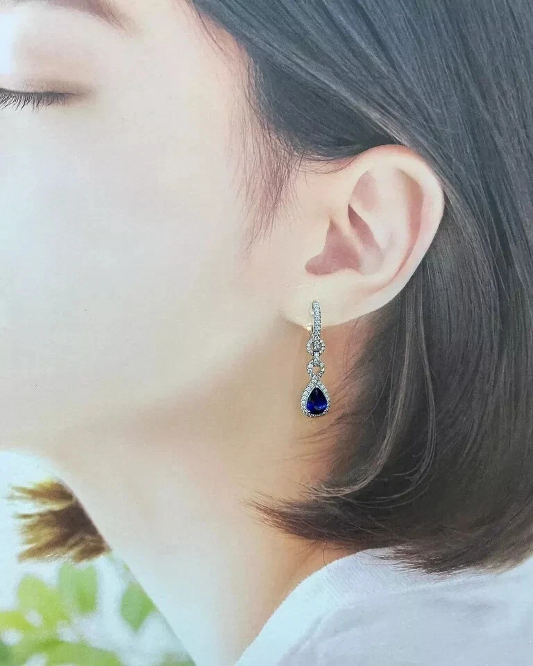 3.82 Ct Pear Cut Natural Blue Sapphire Diamond Earring Stud 14K Real White Gold - Image 4 of 4