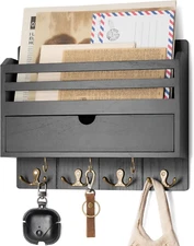 Decorative Mail Organizer - Wood Key Holder Wall Mount with Storage Drawer and 7