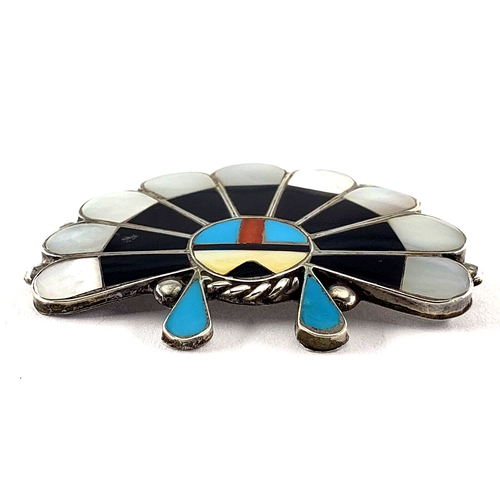 ZUNI Sterling Silver Inlay Sun Headdress Pendant Pin Vintage Native Southwestern - Picture 7 of 14