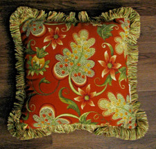 Decorative Throw Pillow, Floral Pattern, Fringe, 15" x 15" x 6.5", Brick Red