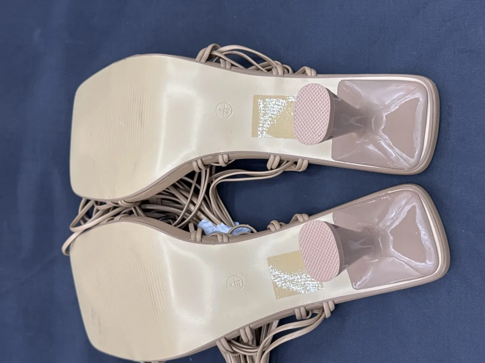 Chic Womens Nude Strappy Lace Up High Heel Sandals UK 8 Square Toe Party Shoes image 8