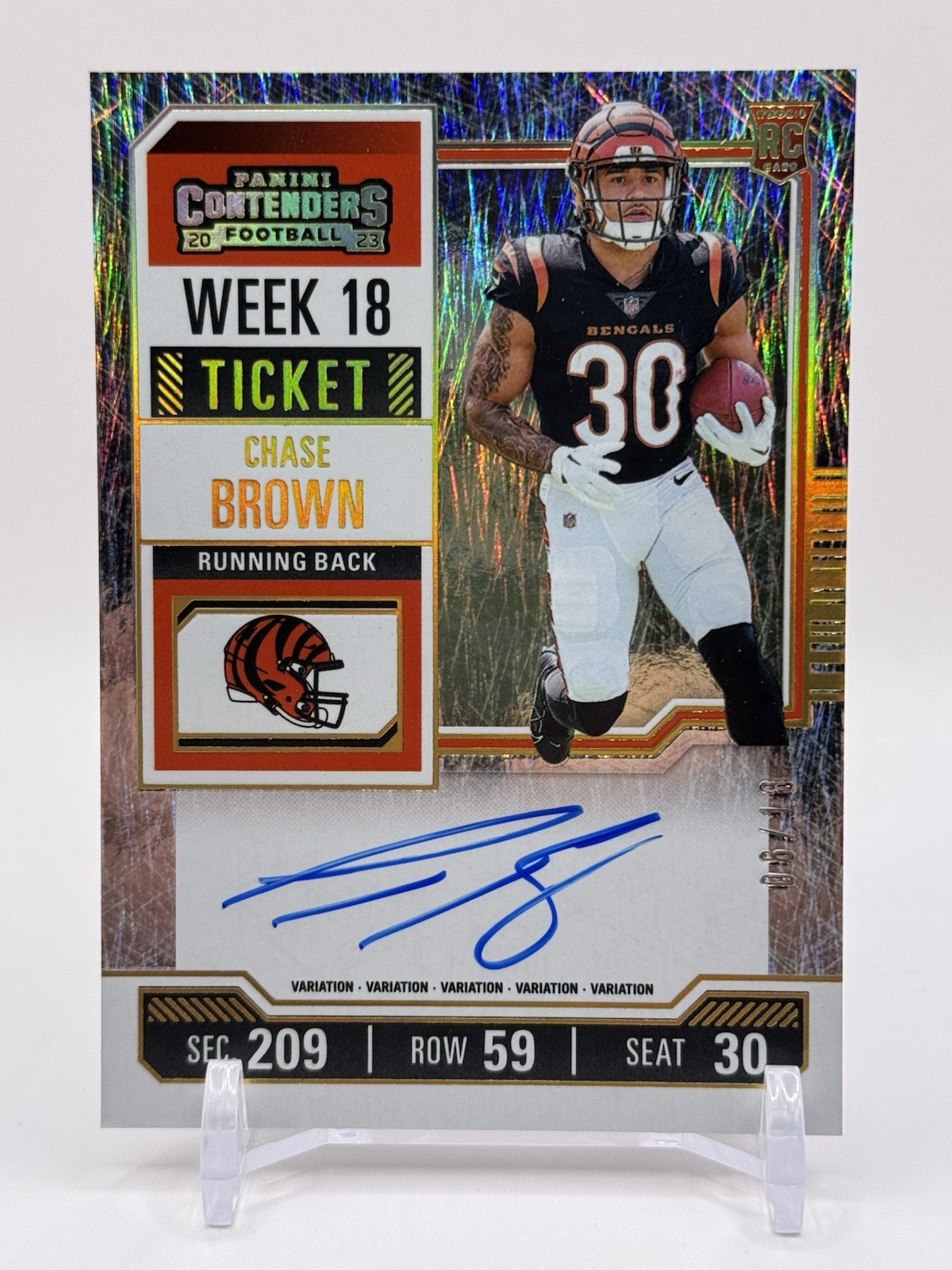 2023 Panini Contenders #105 Week 18 Ticket Variation Chase Brown #/18 RC Auto