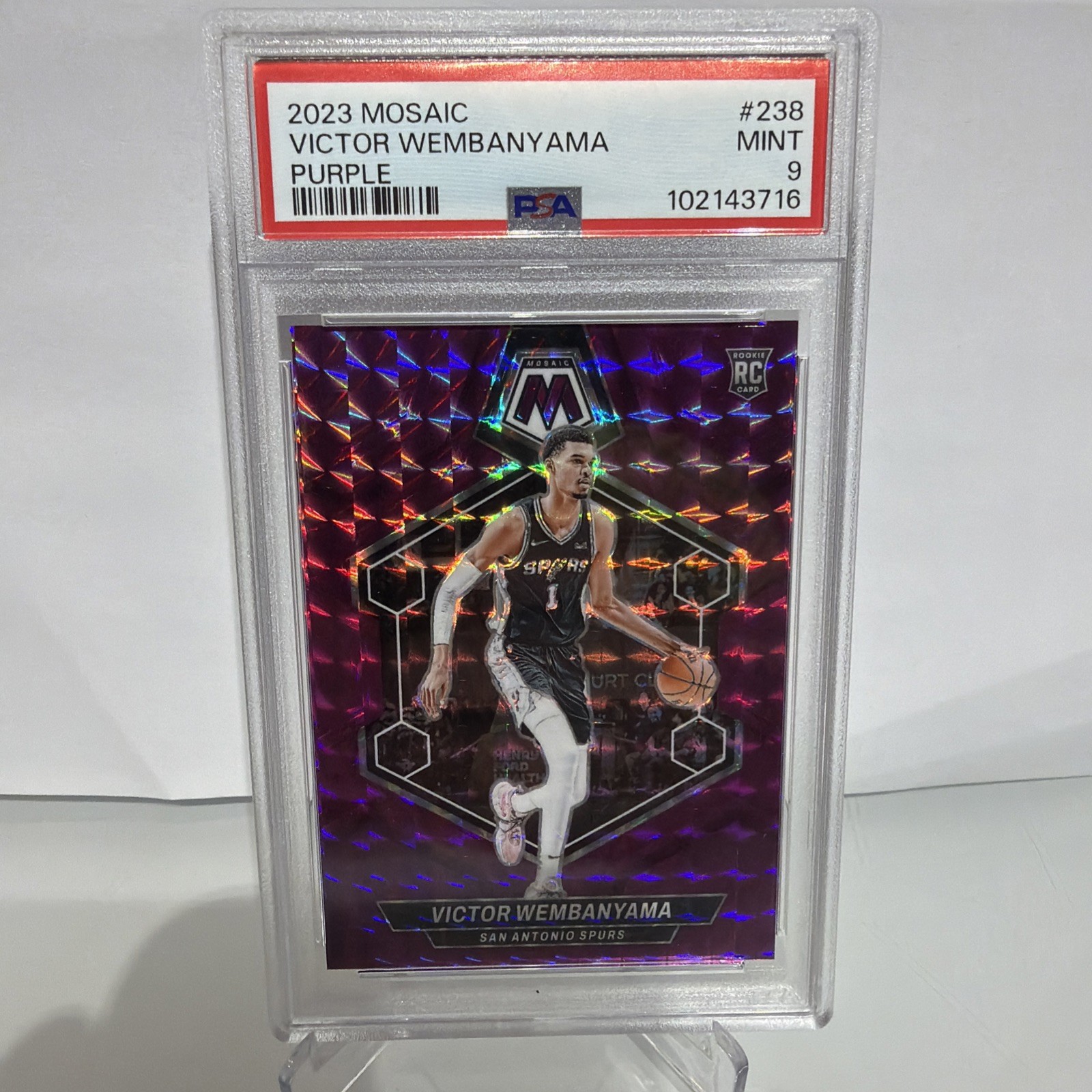2023-24 Mosaic Victor Wembanyama RC #257 Purple 12/99 PSA 9 Spurs view 1