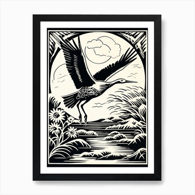 B&W Vogel Linolschnitt Storch 3 Kunstdruck gerahmt Wandbild Poster Leinwanddruck Bild
