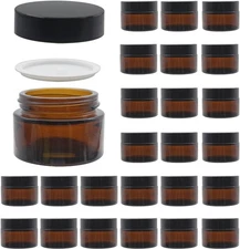 24 Pack 1 oz Round Amber Glass Cosmetic Jars with Lids And Inner Liners, Travel 
