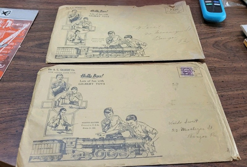Pair Of Vintage Gilbert Toys Mailing Envelopes  With Train On Front