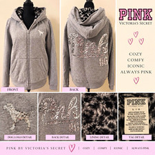 PINK Victoria's Secret Gray Full Zip Fleece Hoodie Faux Fur Lined Sequin L