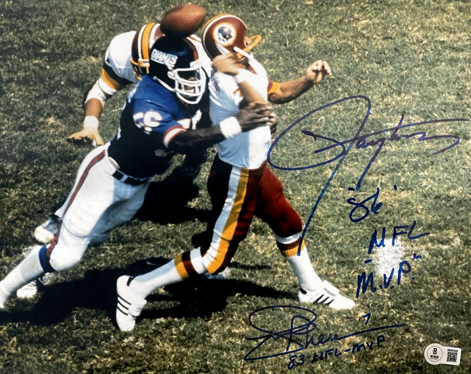 Joe Theismann Lawrence Taylor Autographed Signed Joe Theismann & Lawrence Taylor Dual 11x14 Photo w/ MVP Beckett W BAS COA 
