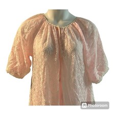Vintage Union Made Nylon Lace Peignoir Robe Cottagecore Pink One Button Open Med