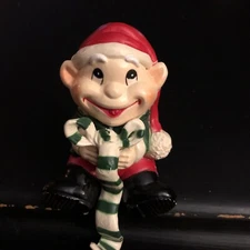 Vintage Elf Stocking Hanger - Santa Hat Holding Present W/ Green/White Ribbon!