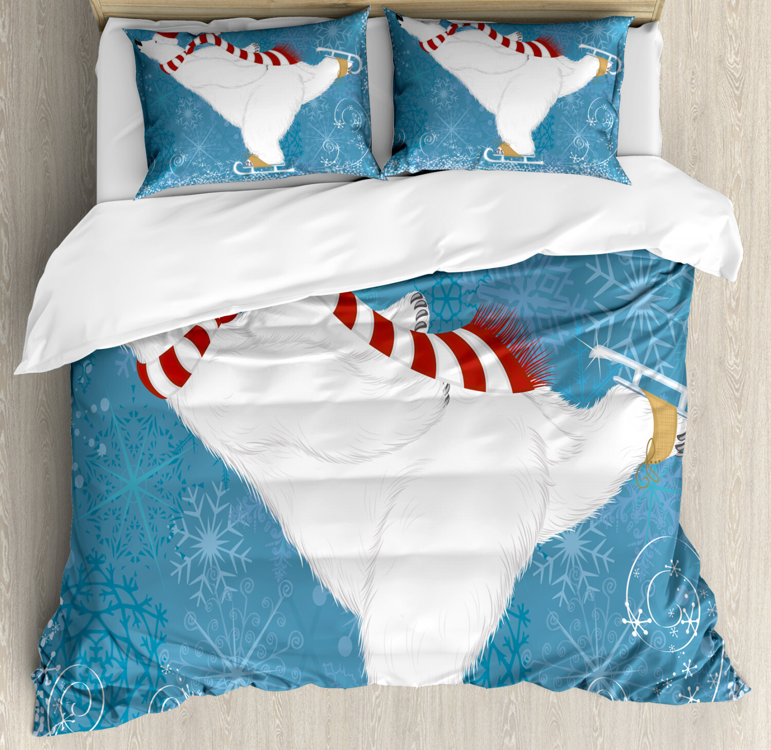 Bear Duvet Cover Set with Pillow Shams Ice Skating Polar Bear Print-image
