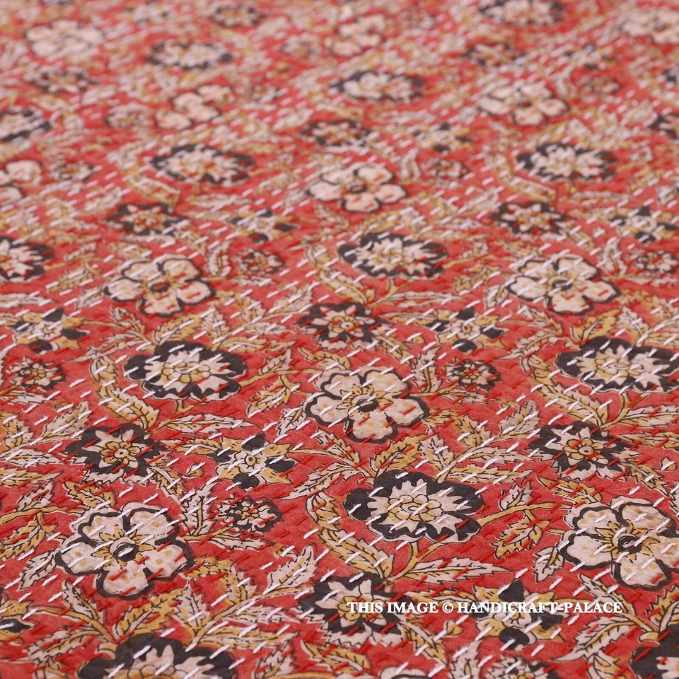 Indische Handblock Floral Kantha Decke, Baumwolle King Size Bettüberwurf - Bild 2 von 4