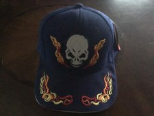 SKULL FLAMES BLUE BASEBALL CAP EMBROIDERED BIKER HAT With WHITE EDGE
