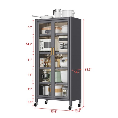 Kitchen Pantry Cabinet 65.2" Tall Moveable Freestanding Storage Cabinet 4 Wheels - Picture 8 of 12