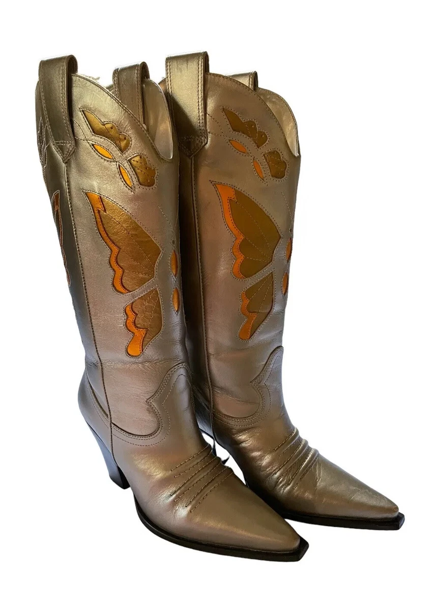 Diba Cowboy Western Boots 6 Leather Pull On Butterfly Cowgirl Pewter Brown