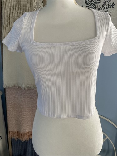 Bozzolo Crop Top Tee T-Shirt White Ribbed Short Sleeve Square Neck Large L NWT - Picture 5 of 8