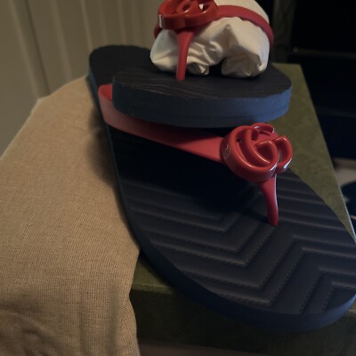 New Gucci GG Rubber Red & Blue slip-on flip flops 659229 