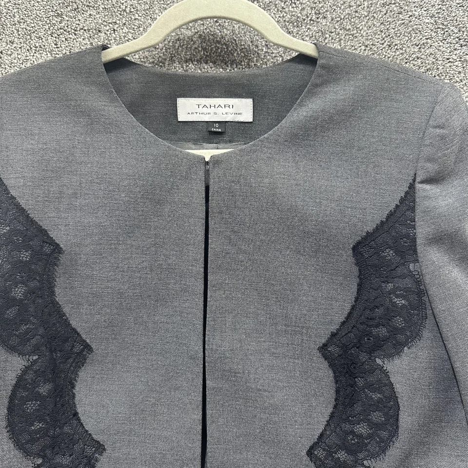 Chaqueta Blazer Tahari ASL Mujer 10 Gris Negro Encaje Cierre Único Forrada Oficina Foto 3 de 4