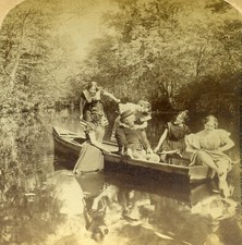 Stereoview Photo Older man on Row Boat with 5 Young Girls 1897 Underwood