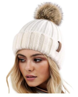 Women\'s Winter Knitted Beanie Hat with Faux Fur Pom Warm Knit Skull Cap Women main image 4