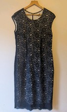 Jaeger Ladies Lace Detail Pencil Dress Navy Blue UK 14 knee length sleeveless