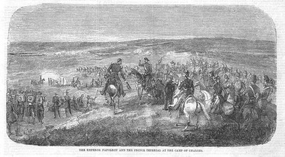 Kaiser Napoleon & Prinz Kaiserlich im Lager Chalons - Antikdruck 1860