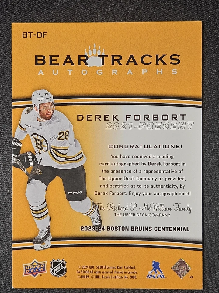 23-24 Upper Deck Bruins Centennial Derek Forbort 🚨🚨🚨 Bear Tracks Auto - Image 3 of 3