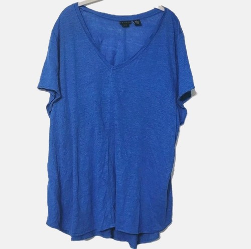 TAHARI Cobalt Blue 100% Linen V-Neck Short Sleeve Hi-Low Hem Tunic Top Size 3X