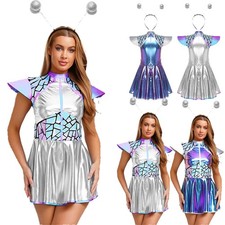 US Womens Space Alien Cosplay Costume Cap Sleeve A-line Dress Hair Hoop Party