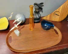 Vintage MCM Teak Wood Serving Tray Oval Handled Pressed Sweden Reconditioned 22"